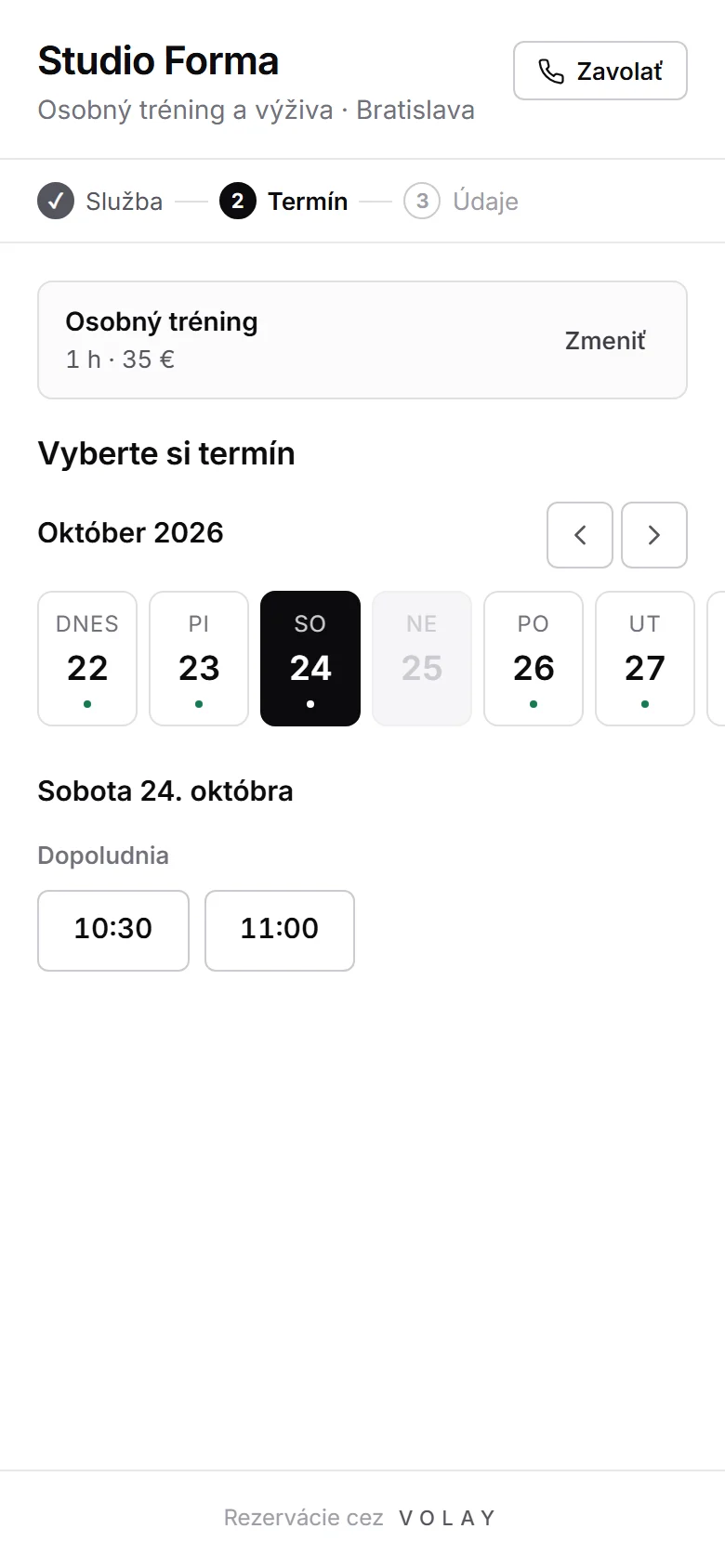 Rezervačná stránka v mobile: výber dňa a času