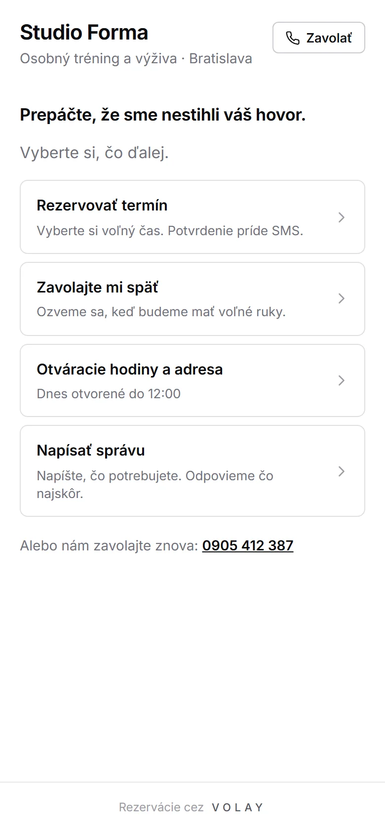 Stránka z SMS s možnosťami: termín, spätné volanie, otváracie hodiny, správa