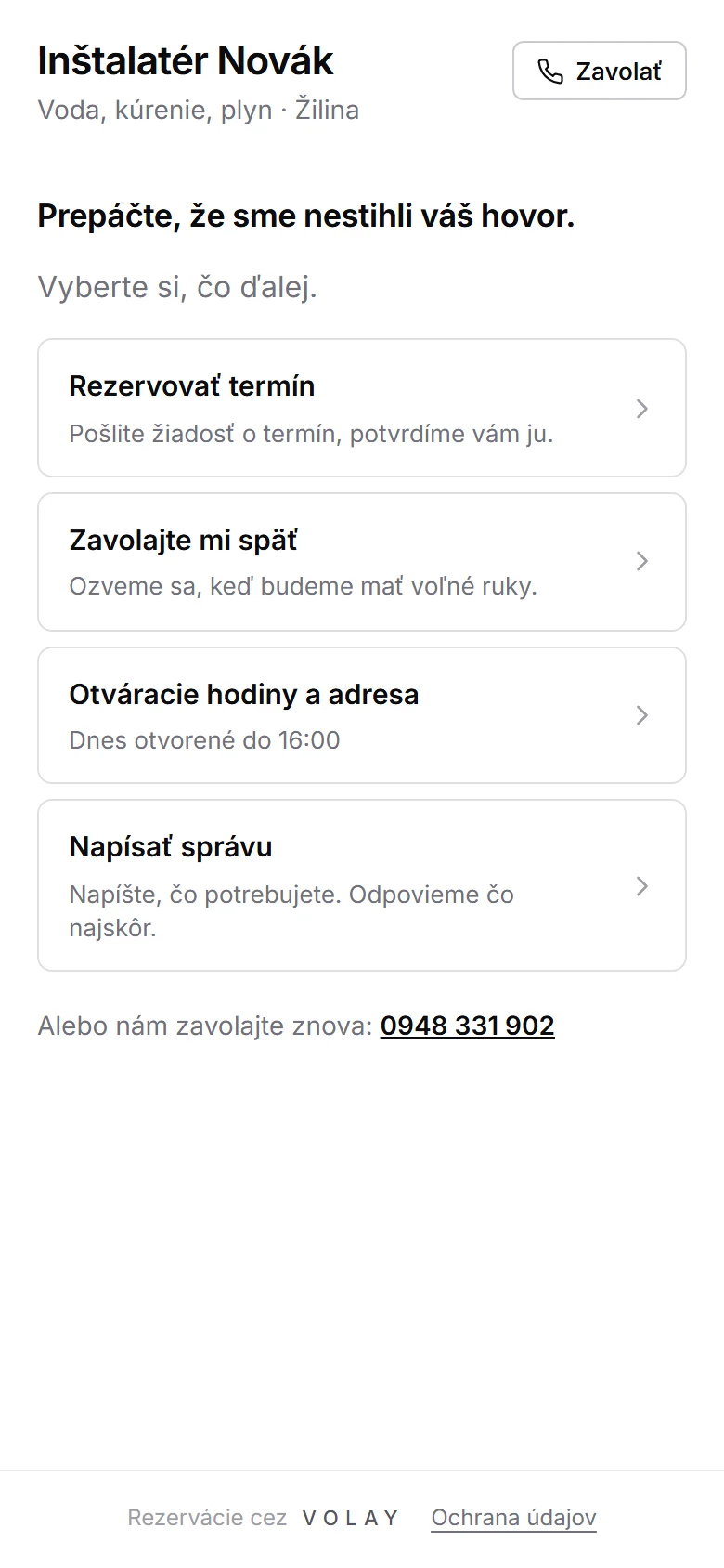 Stránka z SMS u inštalatéra: žiadosť o termín, spätné volanie, správa